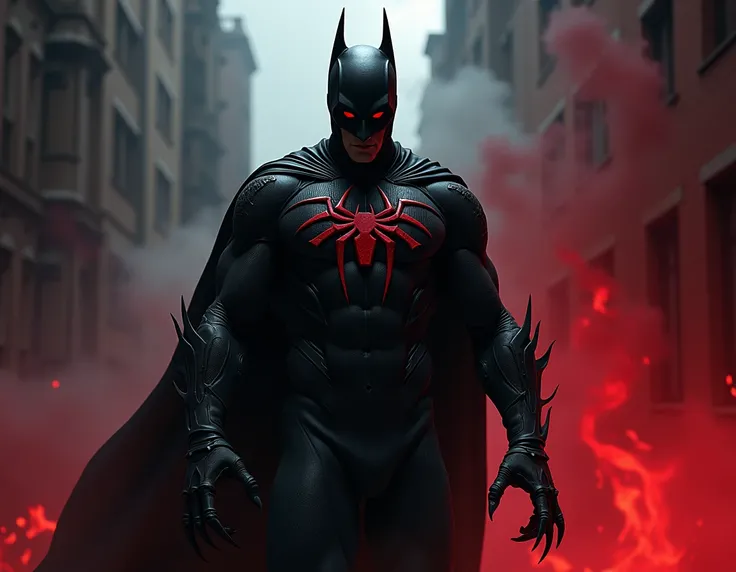 Make Batmans black spider-man costume with horns with a black and red aura surrounding the character realistic image