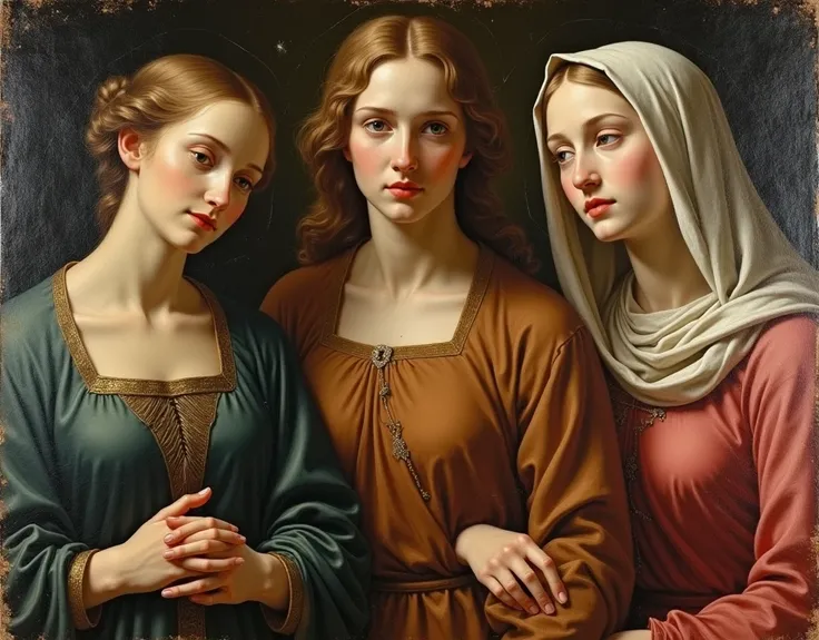   panel painting by Raphael Santi。The Three Beautiful Saints。Saint Martha 、Virgin Mary、 Saint Mary Magdalene。Its old and cracked。 has weathered and faded。