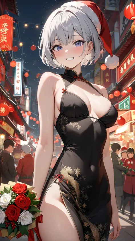  1 girl, solo, chest,  shortcut,  high definition , masterpiece,  textured skin, Aperture F1.2,  Silver Hair,Chinatown, black bra, black underwear, slender, Christmas, smiles, Santa hat, China Dress,bouquet,Celebration