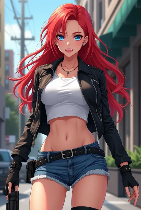 anime 37-year-old woman, long red hair, blue eyes, white crop-top shirt, motorcycle jacket, denim shorts, black motorcycle boots