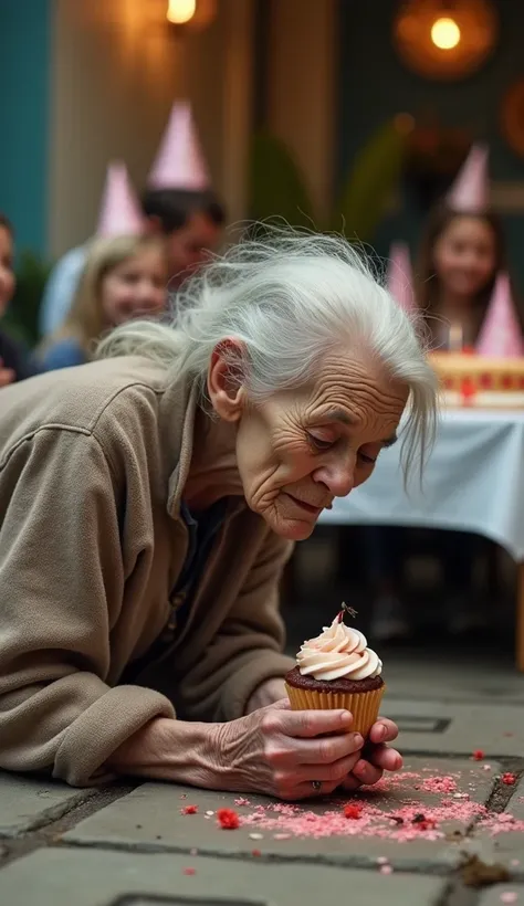 we get a side view of a very skinny and sad elderly woman with clothes worn out and poor appearance, looking like a beggar and laying on the ground and trying to take a piece of a really nasty and disgusting tiny birthday cupcake with insects crawling it, ...