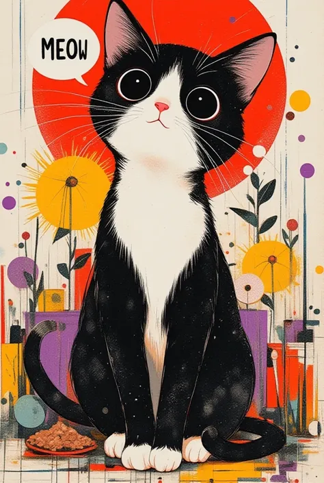   A tabby with an adorable face says 「meow」,black,white, purple ,red, yellow,brown,Surreal collage,a contemporary artistic collage,collage artwork,  the jacket on the new album  ,  Great Job  !! ,digital collage、(collage ),collage art,contemporary collage,...