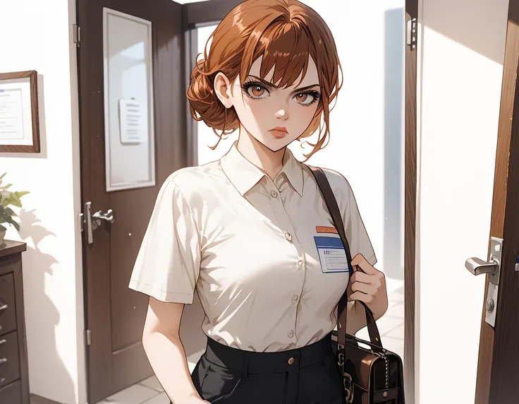 {{score_9, score_8_up, score_7_up, source_anime, rating_safe}} soft shading, 1girl, auburn hair, straight hair, lips, brown eyes, employee shirt, denin pants, annoyed, carrying a satchel, standing at a a front door, looking at the viewer.