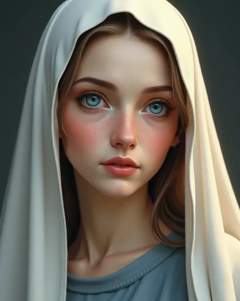 Create a realistic image of Our Lady who is approximately 165 cm tall, weighs about 60 kg and is 30 years old; her skin is fair and her face is rosy and she has a slightly oval face. Her lips are thin, beautiful and of a natural color. On her face, she has...