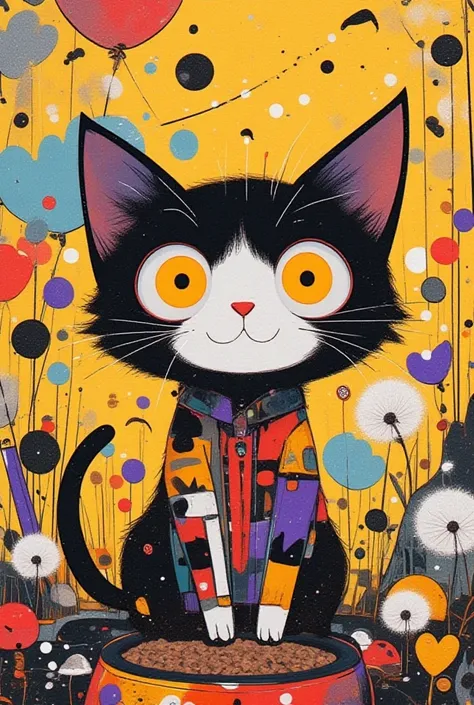   A tabby with an adorable face says 「meow」,black,white, purple ,red, yellow,brown,Surreal collage,a contemporary artistic collage,collage artwork,  the jacket on the new album  ,  Great Job  !! ,digital collage、(collage ),collage art,contemporary collage,...