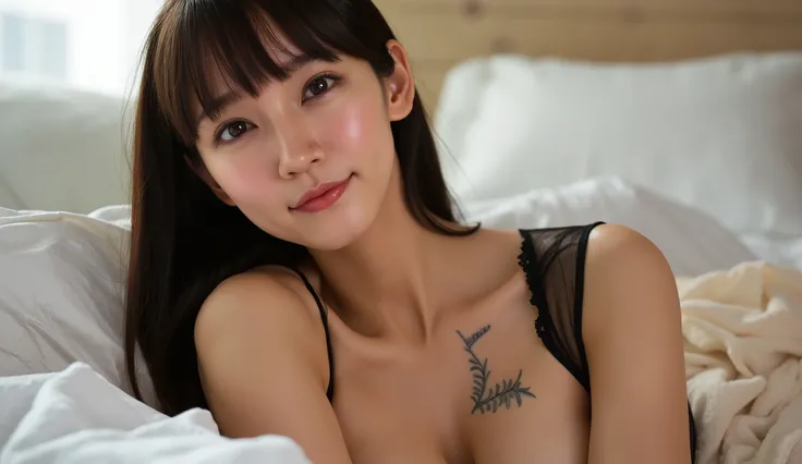 (( High Quality、8k、Master Pee:1.3))、1 Girl、A beautiful woman with slim abs:1.3、( casual hairstyle、Super Boobs:1.4)、underwear:1.2、Super detailed face、Delicate eyes、 double eyelids、Soft Breasts、Smiling expression、Super exposed cleavage、whole body、 bed、 black...