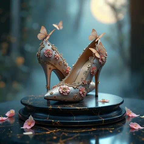  high-heeled shoes with intricate ornaments of small butterflies and flowers ,  that are on display on a shimmering black marble pedestal with shimmering golden veins ,  the shoes adorned with delicate and intricate details of filigree and a sparkle tile a...