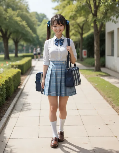 masterpiece, best quality, highly detailed, ultra high res, 1girl, smile, happy, black hair, twintail, hair ribbon,  medium breasts, wearing white collared shirt, blue bowtie, plaid skirt, blue plaid skirt, standing, fullbody, wearing white socks, brown sh...