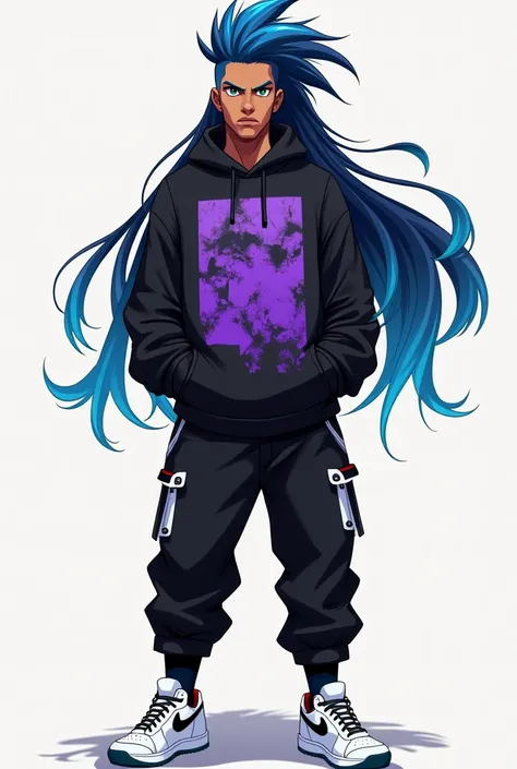  A man with long black hair with a blue tuft  , negro,  green eyes , a black sweatshirt with a purple print ,  black pants with white details and white anime-style sneakers