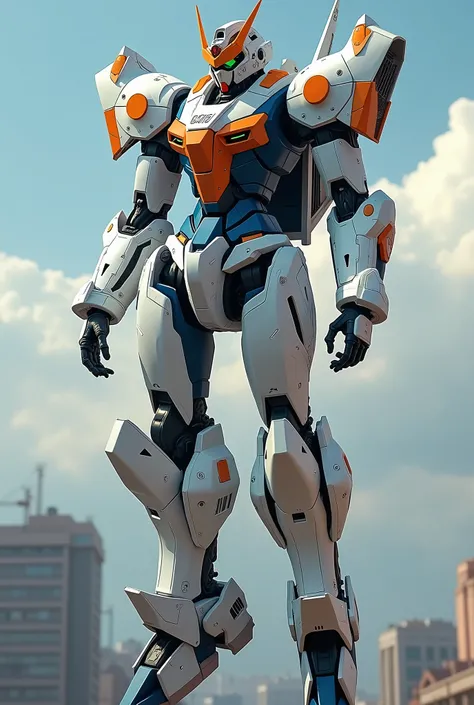 live-action、 real、 Super giant robot with a cyberpunk suit motif、White, navy blue and orange coloring、 slender female silhouette、On the foreheadＵ shaped antennas on each part 、big round shoulder parts 、Glowing Parts 、Head with thruster 、 Big Backpack 、Shar...