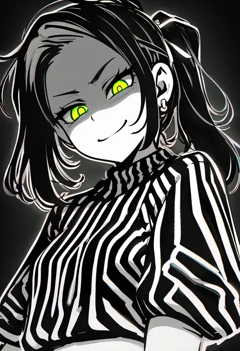 masterpiece, best quality, monochrome, greyscale, ebiblue, gesugao, kawakami mai, 1girl, glowing green eyes, black hair, ponytail , (glowing eyes:0.5), earrings, smile, striped shirt, upper body, looking at viewer, (black background, simple background:1.3)...