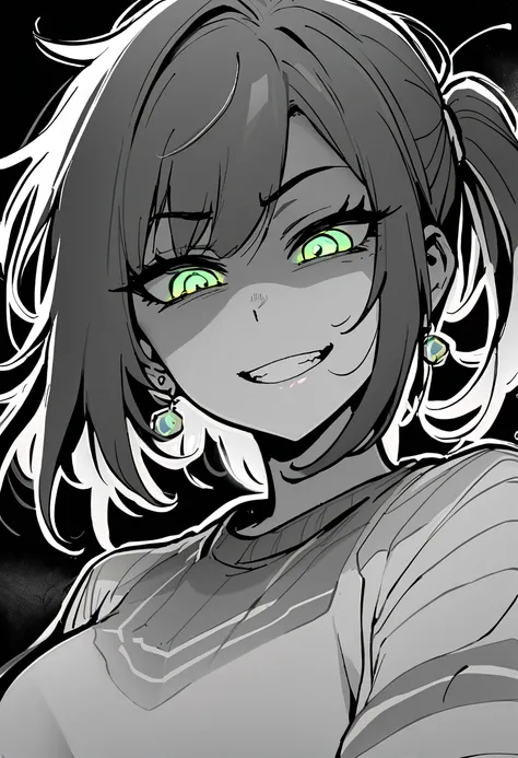 masterpiece, best quality, monochrome, greyscale, ebiblue, gesugao, kawakami mai, 1girl, glowing green eyes, black hair, ponytail , (glowing eyes:0.5), earrings, smile, striped shirt, upper body, looking at viewer, (black background, simple background:1.3)...