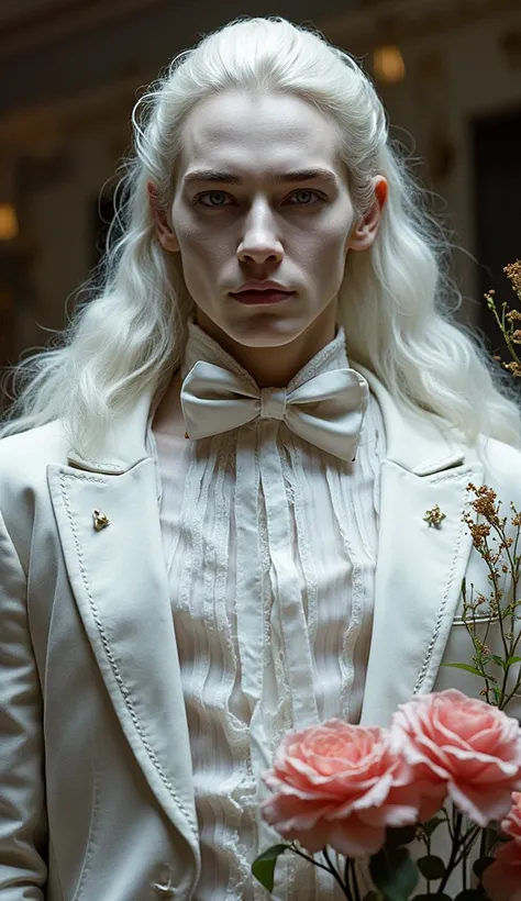 masterpiece, highest quality, (solo focus), (perfect face:1.1), (high detail:1.1),dramatic, 1guy, (pale skin), long white hair, white eyes, [light eyebrows], solo, venetian mask, white luxury suit, covered navel, pouty lips, covered, ballroom, detailed bac...