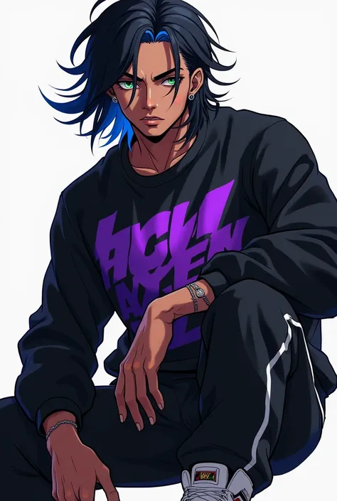 A man with shoulder-length black hair with a blue lock , negro,  green eyes , a black sweatshirt with a purple print ,  black pants with white details and white anime-style sneakers