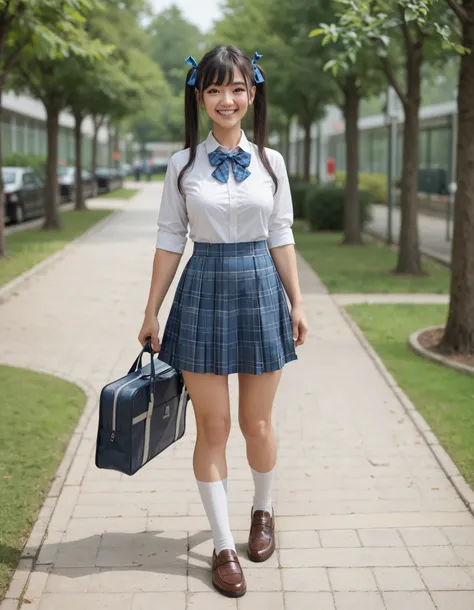 masterpiece, best quality, highly detailed, ultra high res, 1girl, smile, happy, black hair, twintail, hair ribbon,  medium breasts, wearing white collared shirt, blue bowtie, plaid skirt, blue plaid skirt, standing, fullbody, wearing white socks, brown sh...