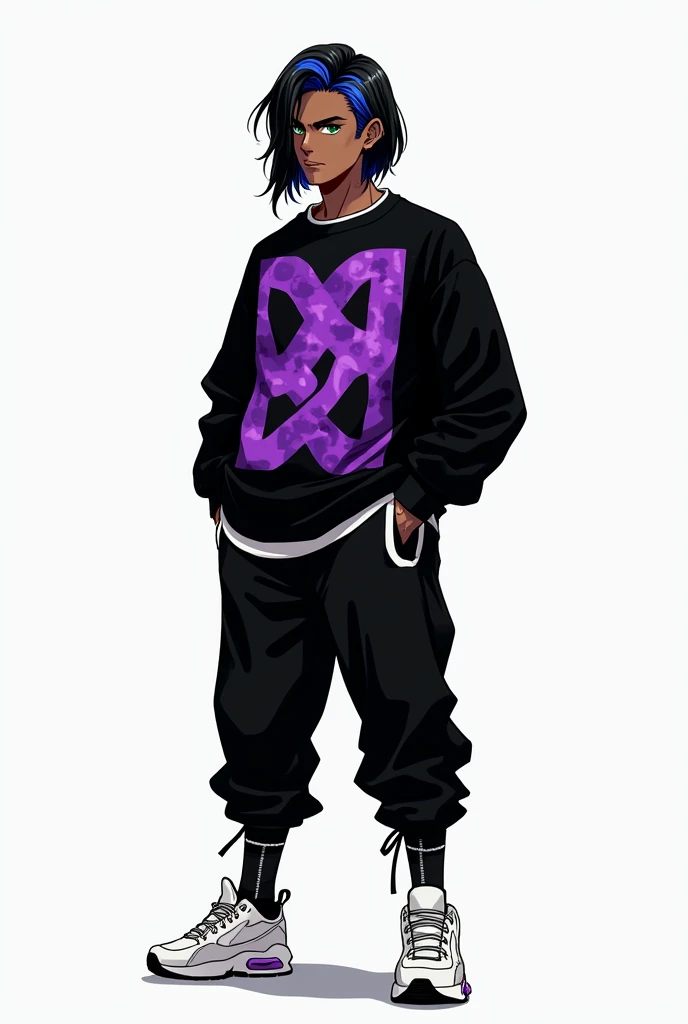 A man with shoulder-length black hair with a blue lock , negro,  green eyes , a black sweatshirt with a purple print ,  black pants with white details and white anime-style sneakers