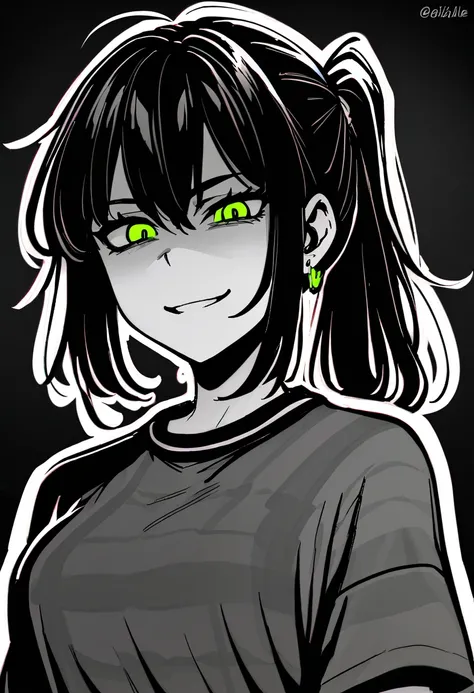 masterpiece, best quality, monochrome, greyscale, ebiblue, gesugao, 1 woman, glowing green eyes, black hair, ponytail , (glowing eyes:0.5), earrings, smile, striped shirt, upper body, looking at viewer, (black background, simple background:1.3), white outl...