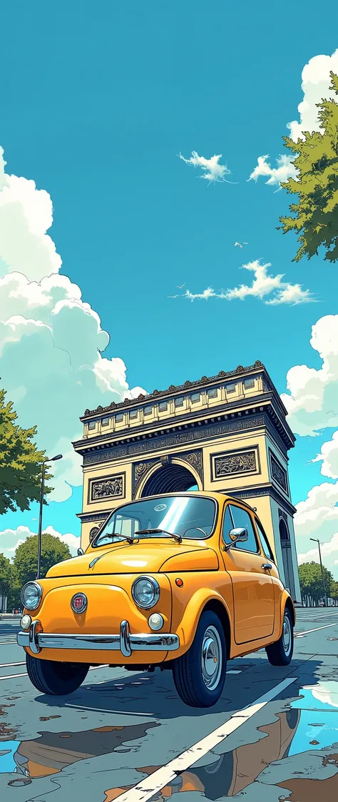 (masterpiece:1.2,  top quality),(  very detailed),  anime style,8k,16k, wallpaper,(Fiat 500:2.0),Beautiful blue sky(France:2.0),(Arc de Triomphe:2.0),( dynamic :2.0)