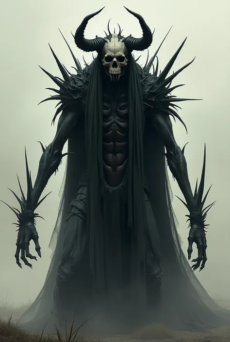 totally black,  Giant, slender undead monster ,  skinless with exposed muscles completely dark ,  wears a jawless skull as a mask ,  have no hair or hair , Do you have dark horns ,  black pegs emerge from your back and arms ,  has a black, torn robe to cov...