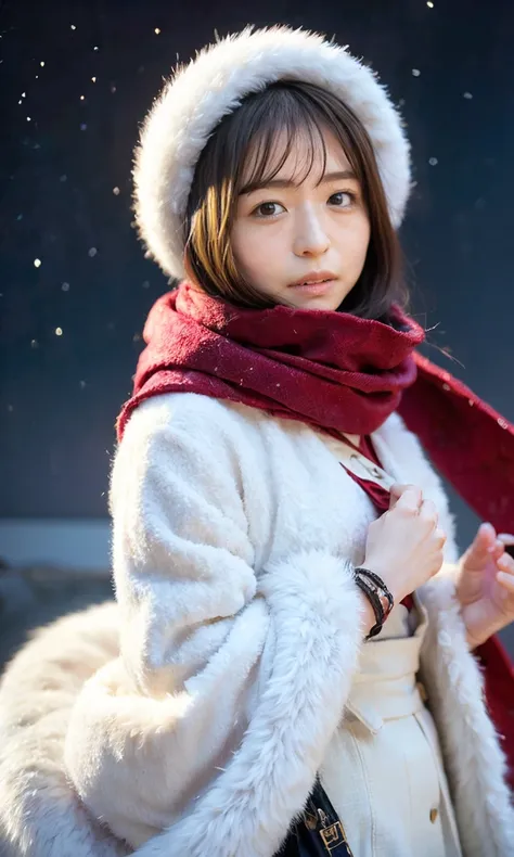 (  white winter clothes、Admire the night sky in a frigid region、Im wearing a fluffy red scarf、Her breath is white expression 、A woman looking at the starry sky、 Night Background 、that&#39;Outside at night)、(    plump breasts 、  Completely naked  、   Open y...