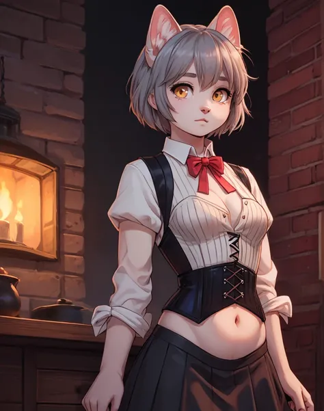 Girls, gray-haired, short-haired, yellow-eyed, small breasts, cat hair ornament, sidelocks, gray-haired, shiny hair, uniform, (golden eyes: 1.2), (two long triangular extensions on the skirt, vest corset on the stomach), white buttons of the vest corset, (...