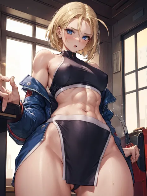 Cammy White street fighter 6 form, wearing black calvin klein underwear, gorgeous, Thick Thigh, fit, open wide leg, at the casino loung, nsfw,detailed eyes, skin exposed, sexy pose, 1 girl, best quality, detailed face, perfect anatomy, shy face, 4k), blue ...