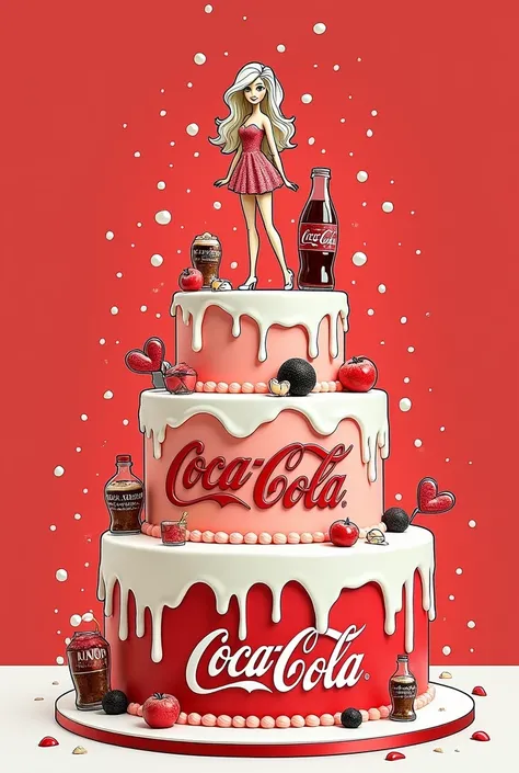  Make an image on a sketch of a Barbie and Coca-Cola themed cake( that does not contain large dolls )