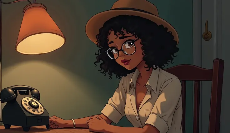 A brazilian woman in anime style, wering a dress, black skin, glasses and she is waiting for a call. The woman has 20 years old, curly hair, shes using a hat and she is looking to the vintage telephone. Shes felling tedious for be waiting for so long. She ...