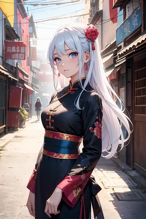 (( 1 girl)), Chinese Alley , ( angle from the foot),  China Dress ,Colorful colors ,  neon color ,(( very detailed, top quality,  high definition , 8k wallpaper, Beautiful clothes,)),((White Hair,  long hair,  hair arrangement,  hair ornament)) ,( blue eye...