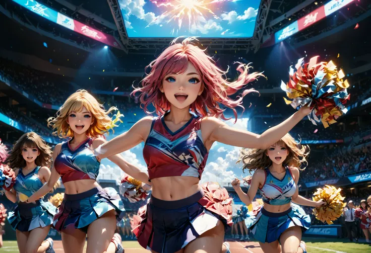 high quality, (best quality,4k,8k,highres,masterpiece:1.2),ultra-detailed,multiple cheerleaders,energetic dynamic jumping poses,beautiful girls,detailed facial features,long beautiful hair,colorful cheerleading uniforms,bright lighting,vibrant colors,actio...