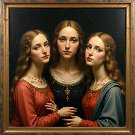 Very panel painting by Michelangelo。 The Three Beautiful Saints。Beautiful Saint Martha 、 beautiful Virgin Mary in a frame、 Beautiful Saint Mary Magdalene。Cracked 。 has weathered and faded。unframed。