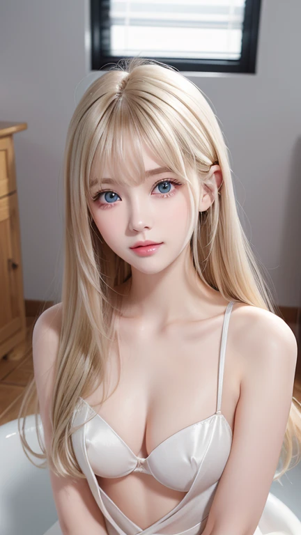 Clear white shiny skin 、 style blonde gets in the way in front of a pretty face 、 Cute Sexy Little Beautiful Face of a 20 Year Old 、 shiny beautiful platinum blonde straight silky hair , Sparkling very bright blue eyes 、 long silky blonde hair covering cut...