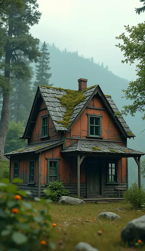 create the most realistic possible image of an old house in a remote place, quite colorful