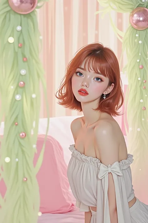  very detailed,  extremely realistic,  hyperrealism,  super real ,  top quality,(  masterpieces during breakfast , soft lighting ,  stylish eyes with attention to detail: 1.2),15-year-old girl, (cute), Christmas Party in the Pink Room、Off-the-shoulder shee...