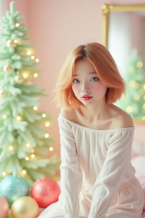  very detailed,  extremely realistic,  hyperrealism,  super real ,  top quality,(  masterpieces during breakfast , soft lighting ,  stylish eyes with attention to detail: 1.2),15-year-old girl, (cute), Christmas Party in the Pink Room、Off-the-shoulder shee...