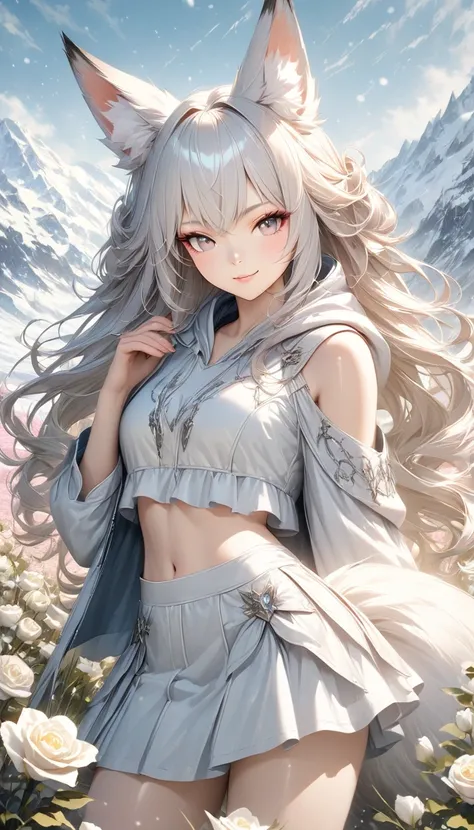  masterpiece ,  top quality ,  High detail,  High quality,  photorealistic ,  highly detailed , hyper-detailed,  perfect face, (a beautiful young fox girl, furry woman, fox girl, white fox, sand, sweet girl,  fluffy fox tail ), smirk, complacent, ( Thick l...