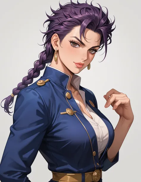 anime, face, purple hair, black eyes,braid hair, jojo bizare adventure reference for character,Jotaro Joestar,long dress,Score_9, Score_8_up, Score_7_up, Score_6_up, Score_5_up, Score_4_up, Source_anime, Tag1, Tag2, Quality_masterpiece, Anatomically correc...