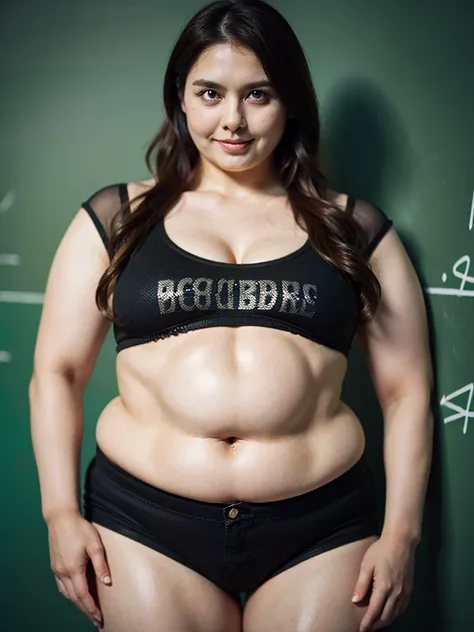 ((((Bbw milf )))) a woman in a top and shorts, long hair, smile, skirt, brown hair, navel, brown eyes, cowboy shot, midriff, lips, head tilt, chalkboard