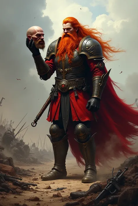 (photorealism:1.2), arch-militant, long red hair, holding severed head, standing in a battlefield, long red beard, 