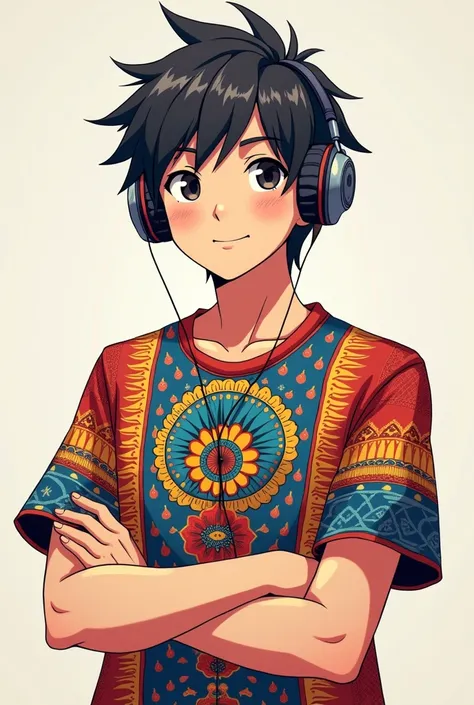 masterpiece, anime style, male, illustrated logo, youtube emote of a man wearing a peruvian t-shirt with medium short hair and headphones, white male 25 years old