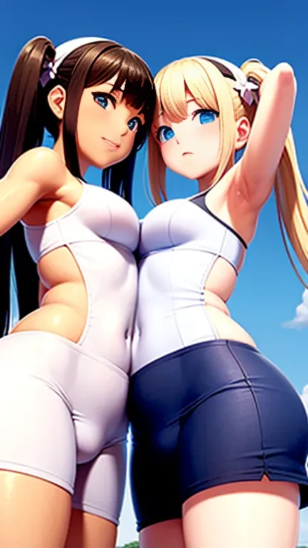 2 girls, face to face, white swim wear, from below, cameltoe, sweat, twintail,