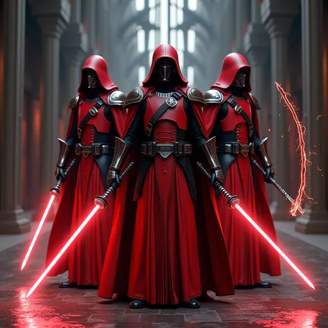 Generate:
Three Praetorian guards, Star Wars, stand proudly, clad in distinctive red and black armor, amidst a stark, Imperial backdrop.

1. *Guard 1*: Wields a sleek laser sword, its blade shimmering with intense energy.
2. *Guard 2*: Grips a majestic las...