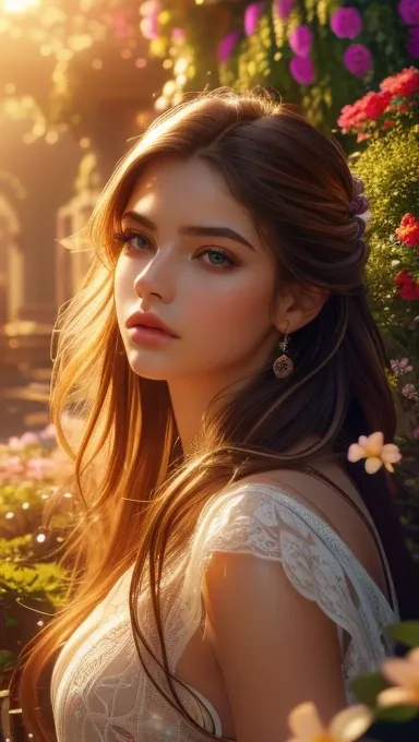 (best quality,ultra-detailed,photorealistic),young woman,beautiful eyes,detailed lips,pensive expression,soft lighting,vibrant colors,,long flowing hair,stylish outfit,garden background,colorful flowers,natural sunlight,serene atmosphere