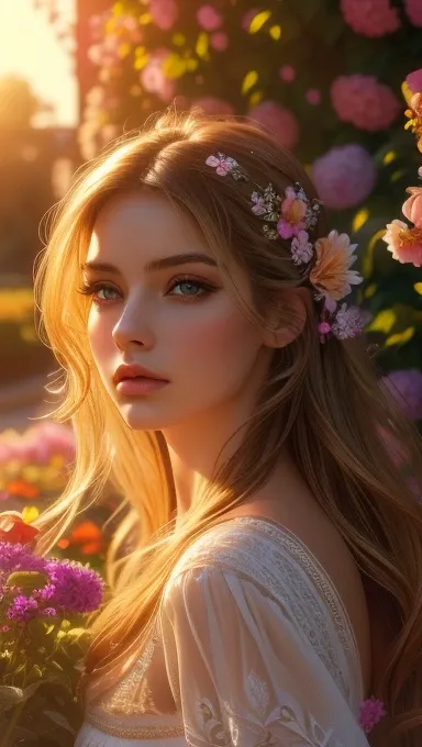 (best quality,ultra-detailed,photorealistic),young woman,beautiful eyes,detailed lips,pensive expression,soft lighting,vibrant colors,,long flowing hair,stylish outfit,garden background,colorful flowers,natural sunlight,serene atmosphere