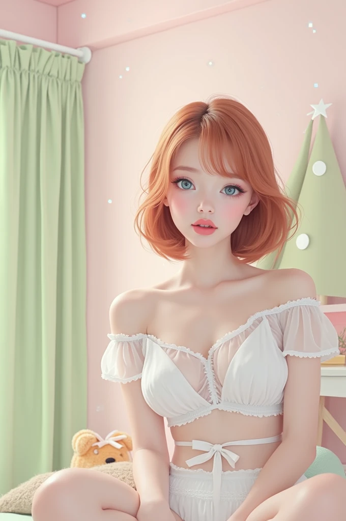  very detailed,  extremely realistic,  hyperrealism,  super real ,  top quality,(  masterpieces during breakfast , soft lighting ,  stylish eyes with attention to detail: 1.2),15-year-old girl, (cute), Christmas Party in the Pink Room、Off-the-shoulder shee...