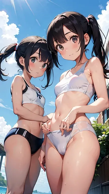 2 girls, face to face, white swim wear, from below, cameltoe, sweat, twintail, shyiny skin,