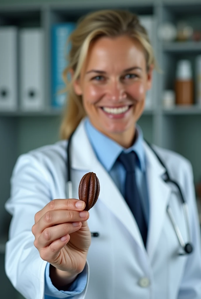 A beautiful Ukrainian doctor of about 35 to 40 years old showing a cocoa bean. The look of satisfaction of someone who has found the secret to sexual longevity