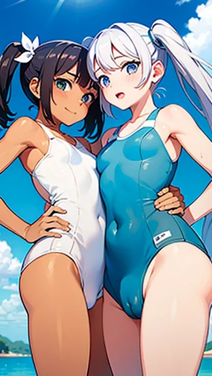 2 girls, face to face, white swim wear, from below, cameltoe, sweat, twintail,