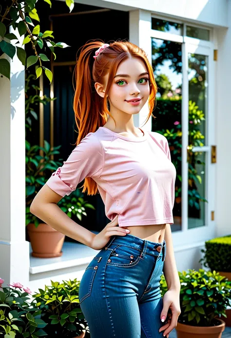 score_9, score_8_up, score_7_up, score_6_up,  (Sh1r3n:1.2), 1girl, gorgeous face, ginger hair, ponytail, green eyes, porcelain skin, posing at garden, pink top, wore jeans, white jeans, standing proudly, pink lips, smiling, blushed, holding a  golden Yorks...