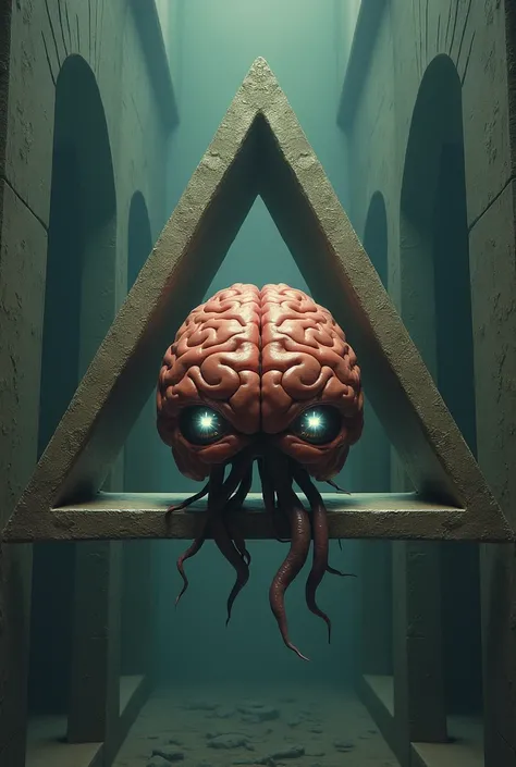 A brain that has eyes and is placed in a triangular prison and has different dimensions